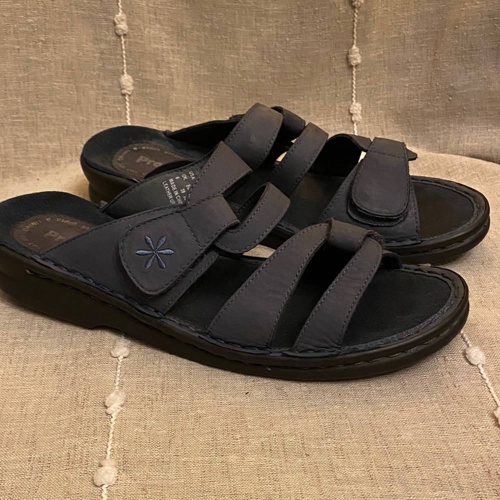 cushion Adjustable Straps Navy Blue Leather Slide Sandals